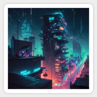 Skyline View of a Cyberpunk City Sticker